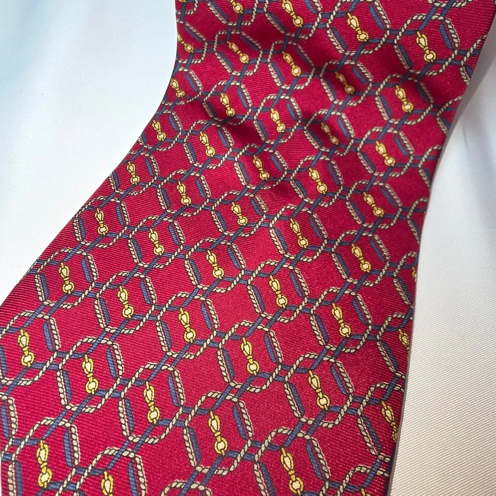 Savile Row Mens Silk Necktie Burgundy Red Equestrian Geometric Rope‎ Bit Pattern